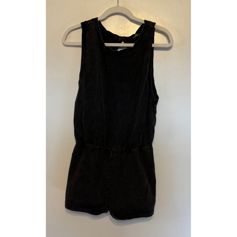 Mono B Washed Black Mineral Wash Open Back Sleeveless Romper KP5125 Medium